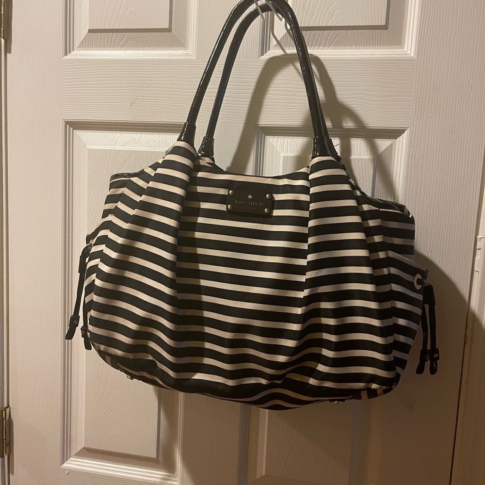 Kate Spafe large black & white striped Nylon diaper bag/travel bag